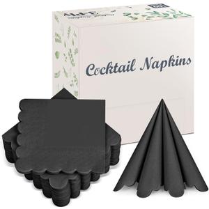 100 Pack Cocktail Napkins, 3-Ply Scalloped Edged Wedding Napkins Folded 5 x 5 Inches Dessert Napkins, Disposable Napkins for Dinner Birthday Party Bridal Anniversary Baby Shower Reception (Black)