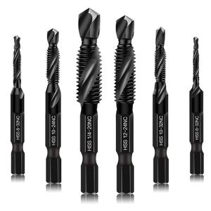 6 Packs Combination Drill & Taps Bit Set, Screw Tapping in SAE Size 6-32nc 8-32nc 10-32nc 10-24nc 12-24nc 1/4-20nc with Anti-Rust Black Coating, 1/4 Hex Shank and Storage Case