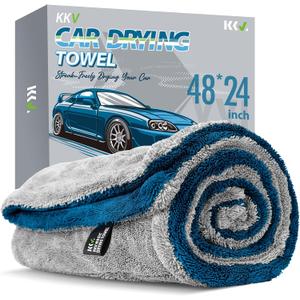 KKV Full-Sized SUV Drying Towel, 48x24 Dual Sided Microfiber Car Cleaning Towel with Twisting Yarn Technique, 1400GSM Super Absorbent, Scratch-Free, Machine Washable (LightGrey-MarineBlue)