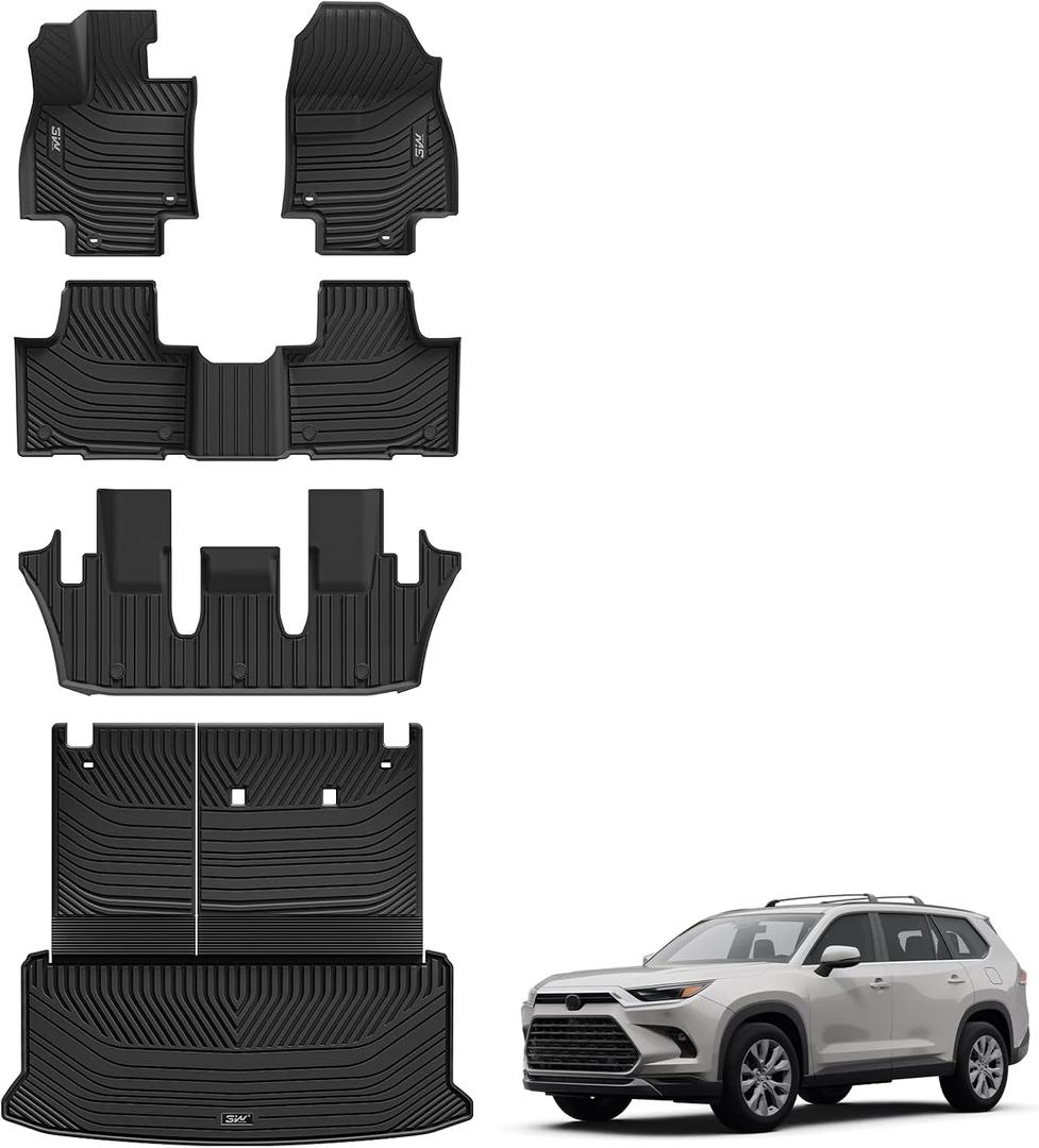 3W Floor Mats for 2024 2025 2026 Toyota Grand Highlander 7 Seat with Subwoofer (Include Hybrid), Trunk Mat Cargo Liner, and Seat Back Covers TPE All Weather, Black(Not for Hybrid MAX Model)