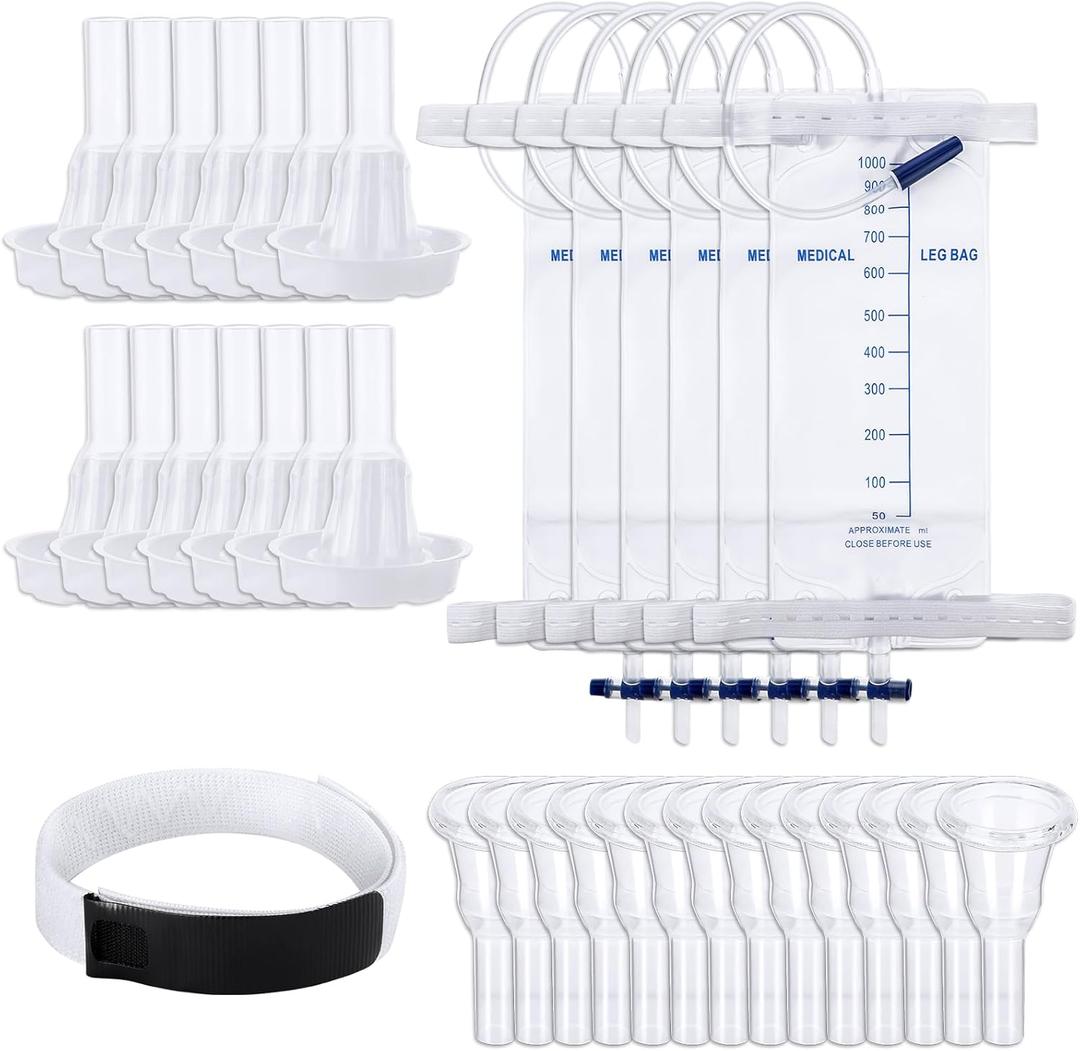 21 Pcs Male Condom Catheter Kits Include 14 Condom Catheters External Self-Seal 6 Urine Leg Bag 1 Anti Slip Foley Catheter Stabilization Holder Straps for Men Fast Easy Draining(1000ml,25mm)
