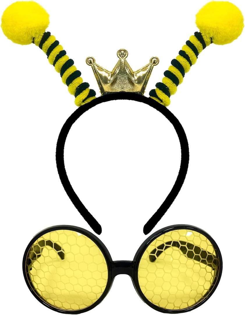 2 Pieces Bee Headband and Glasses Set, Includes Yellow Antenna Crown Headband and Round Honeycomb Sunglasses for Kids and Adults Halloween Costume, Bee-Themed Birthday Party, and Dress-Up Accessories