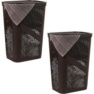 Mind Reader 60L Slim Laundry Hamper, Clothes Basket, Lid, Ventilated, Plastic, 17.25"L x 13.75"W x 23.5"H, Set of 2, Brown, 2-Pack