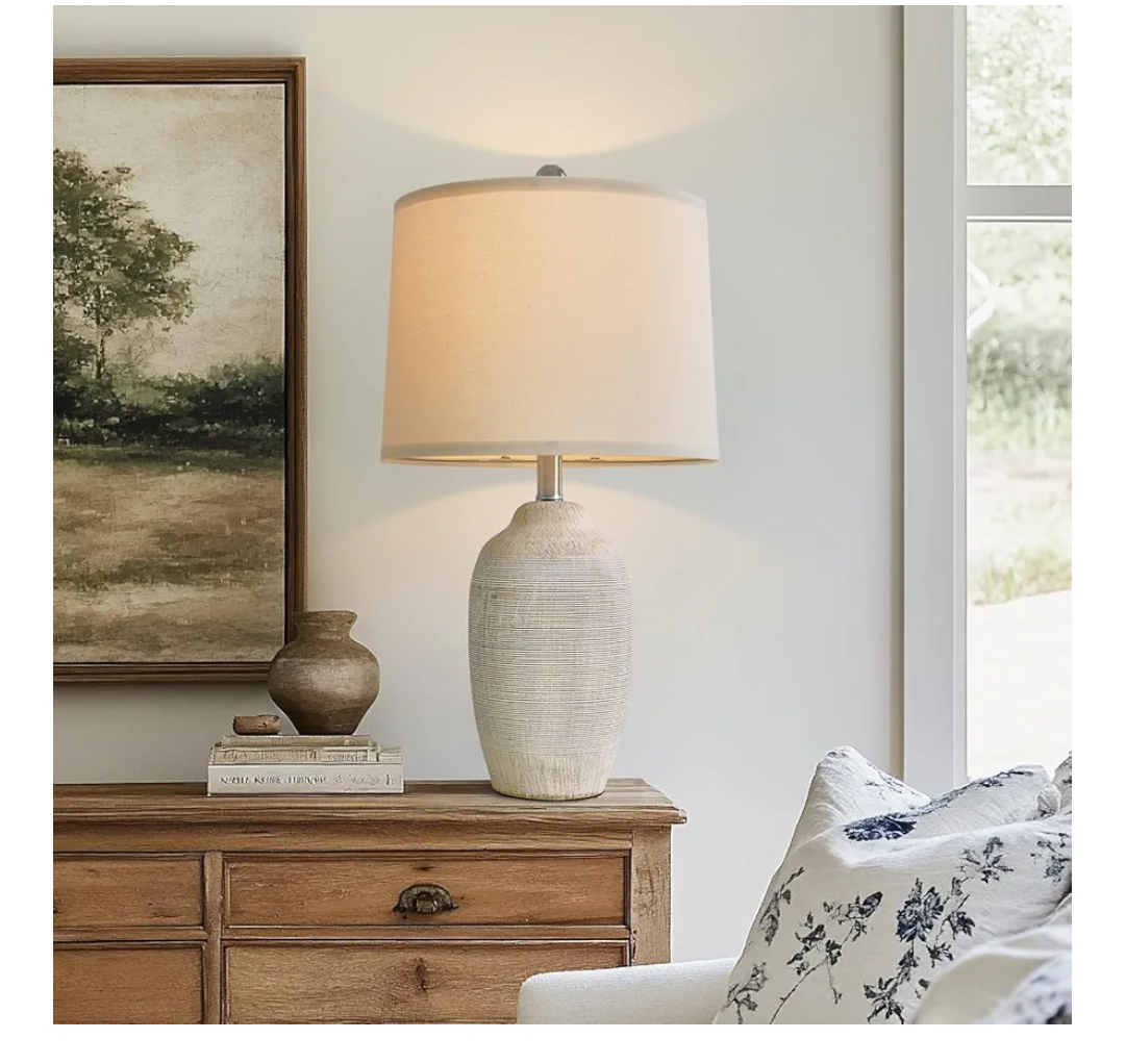 USumkky 24 inch Vintage Ceramic Table Lamp with 5FT Cord - Single Farmhouse Rustic Bedside Lamp with Natural Textured Finish, Nightstand Lamps for Living Room, Bedroom, End Table Beige