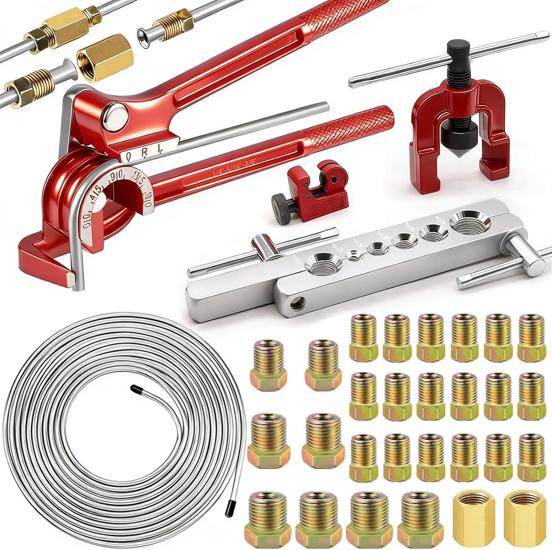 smseace 26Pack 3/16 Inch Brake line kit Include 25 FT Zinc-Plated Brake Lines with Fitting(16pcs Fittings,2pcs Union+4pcs Nut) Brake line Bender,Single Flare Tool,Cutter 3/16 Inch Brake line kit (Silver)