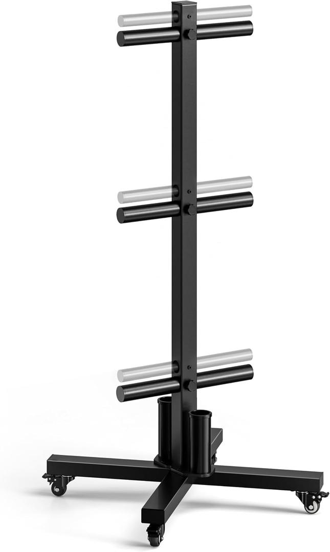 Movable Olympic Weight Plate Tree with 6 Metal Pegs, Fits 1" & 2" Weight Plates, Heavy Duty Storage Rack with Barbell Holders for Home & Garage Gym