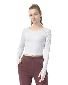 Women's Long-Sleeve Crop Top - Open Back Tie, Thumbholes Moisture-Wicking Quick-Dry for Yoga, Fitness & Workout Bright White, Medium