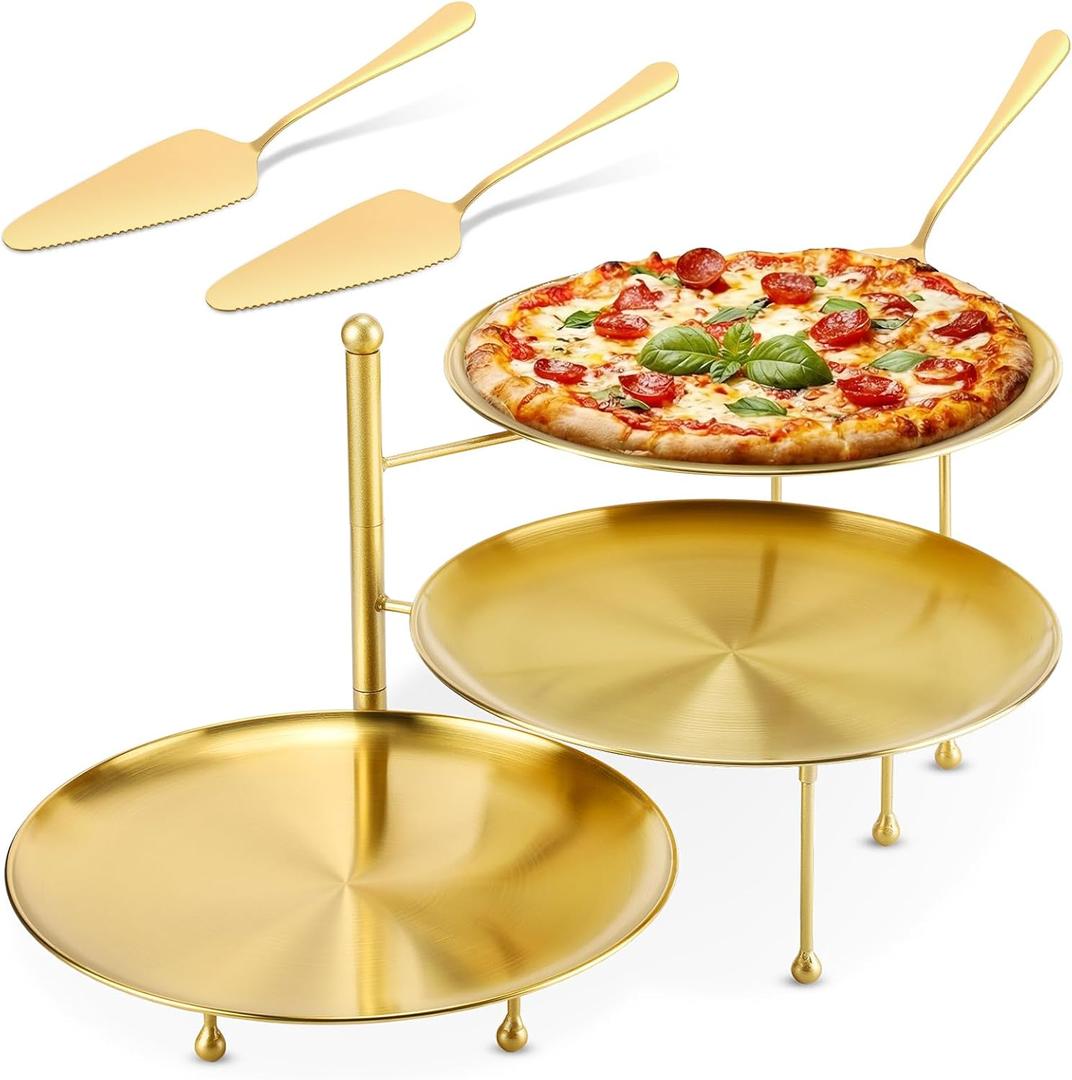 7 Pcs Pizza Pan Riser Stands Sets Includes 1 Pcs Tiered Tray Stand 3 Stainless Steel Pizza Pan and 3 Wood Handle Knife for Home, Restaurant Party (Elegant Style,Gold)