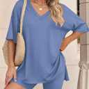 PRETTYGARDEN 2 Piece Sets for Women Summer 2026 Lounge Short Set Spring Matching Biker Shorts V Neck Oversized Shirt Clothing (Blue, XL)