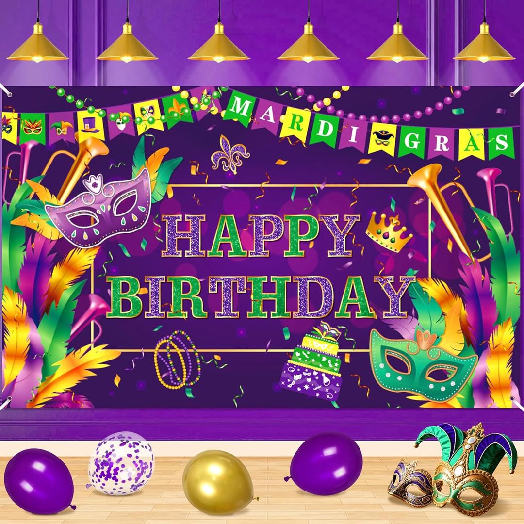 Mardi Gras Birthday Party Decorations Large Mardi Gras Birthday Banner Purple Happy Bday Backdrop for Carnival New Orleans Masquerade Bday Party Supplies 70.8 x 43.3 inch