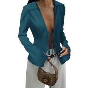 Cicy Bell Womens Sexy Tie Front Shirts Deep V Neck Silk Club Tops Long Sleeve Y2k Going Out Blouse (Large, Lake Blue)