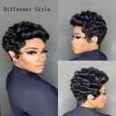 Chic Elegent Pixixe Cut Curly Wigs for Black Women Short Layered Pixie Cut Human Hair Wigs With Bangs Natural Black Color Summer No Glue Short Curly Human Hair Wig (Black Curl)