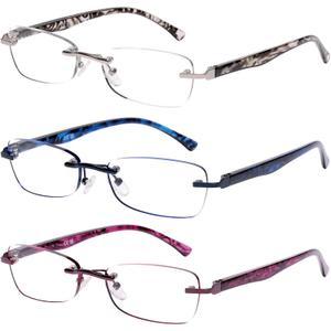 DOOViC 3 Pack Rimless Reading Glasses For Women Lightweight Elegant Blue Light Blocking Readers, Tinted Edge/Spring Hinge (1.00 x, 3 Colors-s1)