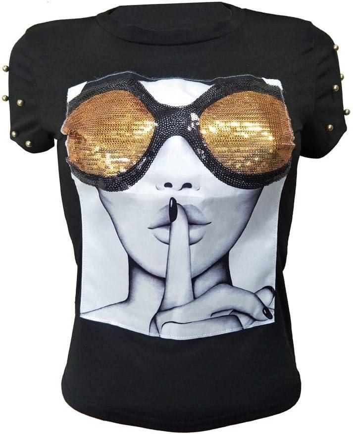 PESION Womens Short Sleeve T-Shirt Sequined Tops O-Neck Funny Graphic Tees Blouse (Small, Black1)