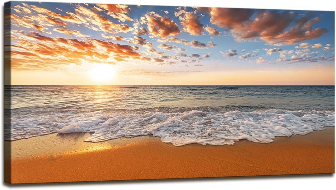 YYYYHPP YP2162 Beach Wall Art Morning Sunrise Sky Ocean Beach Waves Scenery Modern Painting Artwork for Office Wall Decor Home Decoration Stretched and Framed Ready to Hang (48"L x 24"W)