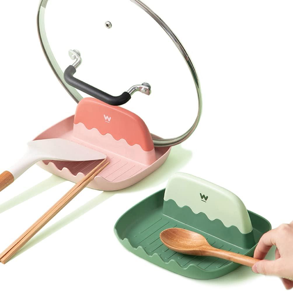 2 Pack Lid and Spoon Rest for Kitchen Counter, Cooking Ladle/Spatula/Spoon Holder for Stove Top, Utensil Rest with Pot Lid Holder for Countertop, Kitchen Gadget Rack, Christmas Cooking Accessories (Green & Pink)