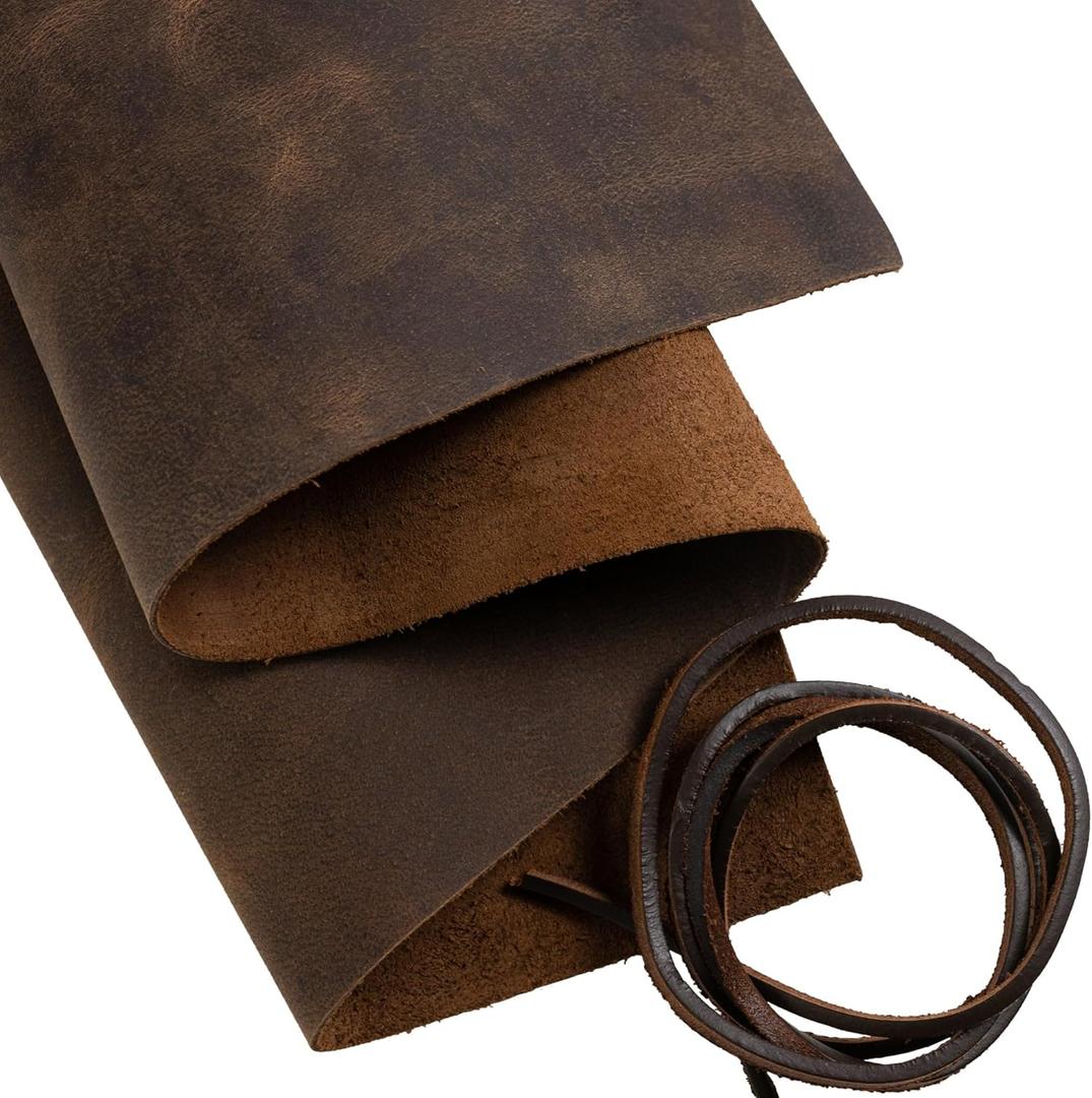 Moonster Genuine Leather Sheets for Crafts, Tooling Leather Sheet 12"x24"  Full Grain Buffalo Leather Fabric, Leather Crafting Kit, Veg Tan Leather for Leather Craft with 36" Cord  Soft Brown