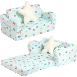 Extra Wider Seating Toddler Couch, 2-in-1 Toddler Soft Couch Fold Out with Star Pillow, Convertible Sofa to Lounger for Girls and Boys (Large)