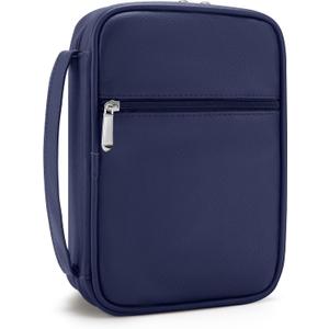 Small Bible Cover Case for Women and Men, 9x6 PU Leather Bible Sleeve, Compact Travel Bible Carrier Bag with Front Pen Holders, Zipper Closure, Inner Pockets - Navy Blue