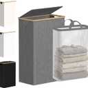 efluky Slim Laundry Basket with Lid, Narrow Laundry Hamper with Removable Bag, Skinny Dirty Clothes Basket with Bamboo Handles for Bathroom, Bedroom & Laundry Room, 75L Grey