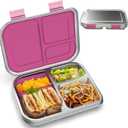 BOSEDSANG Stainless Steel Kids Leak-Resistant Bento Lunch Box, 3-Compartments with Silicone Container, Dishwasher-Safe, Child-Friendly Design for School, Picnics & Travel,BPA-Free (Pink)