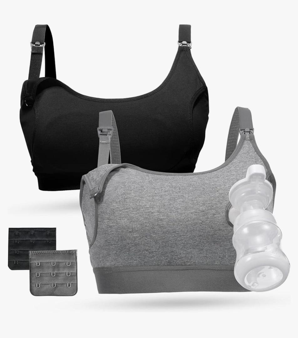 Momcozy Pumping Bra, Pumping Bra Hands Free All Day Wear Pumping & Nursing Bra in One Holding Breast Pump for Spectra, Medela Large, Blue/Grey