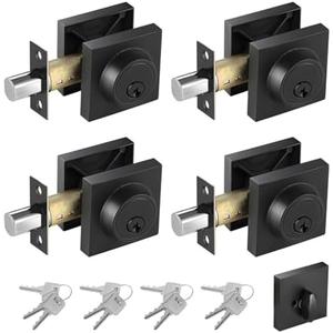 Black Square Deadbolt Lock 4 Pack, Matte Black Single Cylinder Deadbolt with All Same Keys, Heavy Duty Dead Bolt Lock for Home and Office Security, Keyed 1 Side