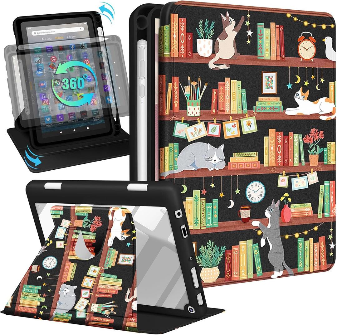 Kidcube for Kindle Fire HD 8/8 Plus Tablet Case - 10th/12th Generation (2020/2022) 8" Women Girl Folio Cover with Pencil Holder Cute Cartoon Cat Kawaii Rotating Stand Cases for Amazon Fire HD 8/8 Plus (6-Cat Bookshelf)