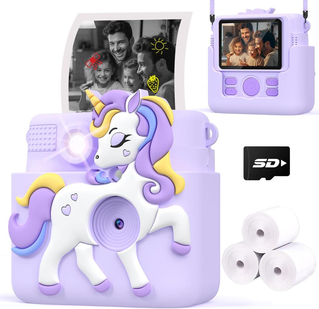 Kids Camera Instant Print Gifts for Girls Age 4-12, Instant Camera for Kids with Silicone Cover, 1080P Kids Digital Camera Toys for 3 4 5 6 7 8 9 10 Years Old Girls with Card Lilac (Purple)