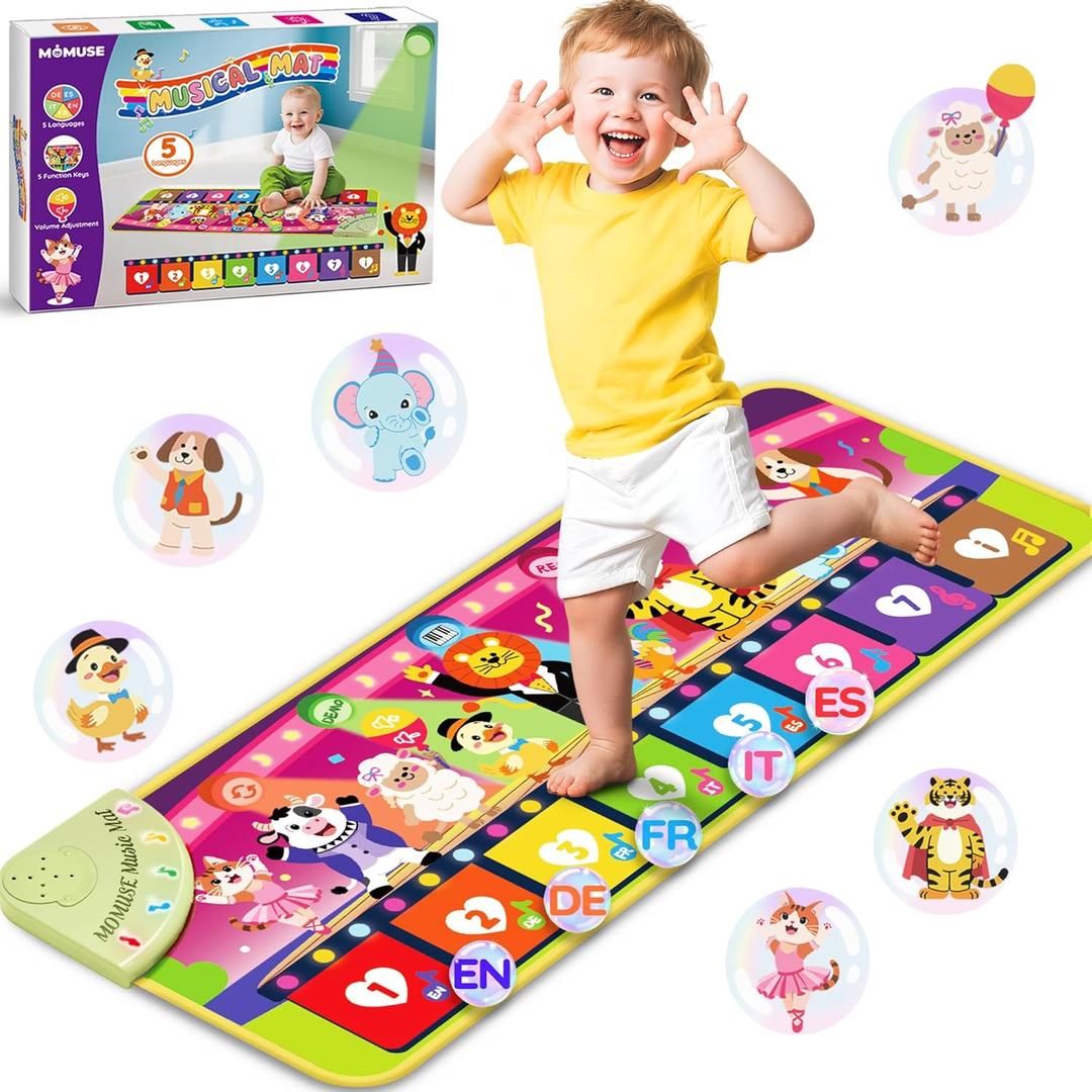 MOMUSE Music Piano Mat 5-Language (EN/DE/FR/IT/ES) for 1 2 3 4 Year Old Boys Girls, Multilingual Education Baby Toy with 9 Animals & Recording, Portable Toddler Infant Kids 1+ Christmas Birthday Gifts
