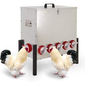 100LB Automatic Chicken Feeder with Cover Large Capacity Metal Chicken Coop Feeder with 12 Feed Ports, Adjustable Legs Rainproof No Waste Outdoor Poultry Feeder for Hens & Free Range Flocks