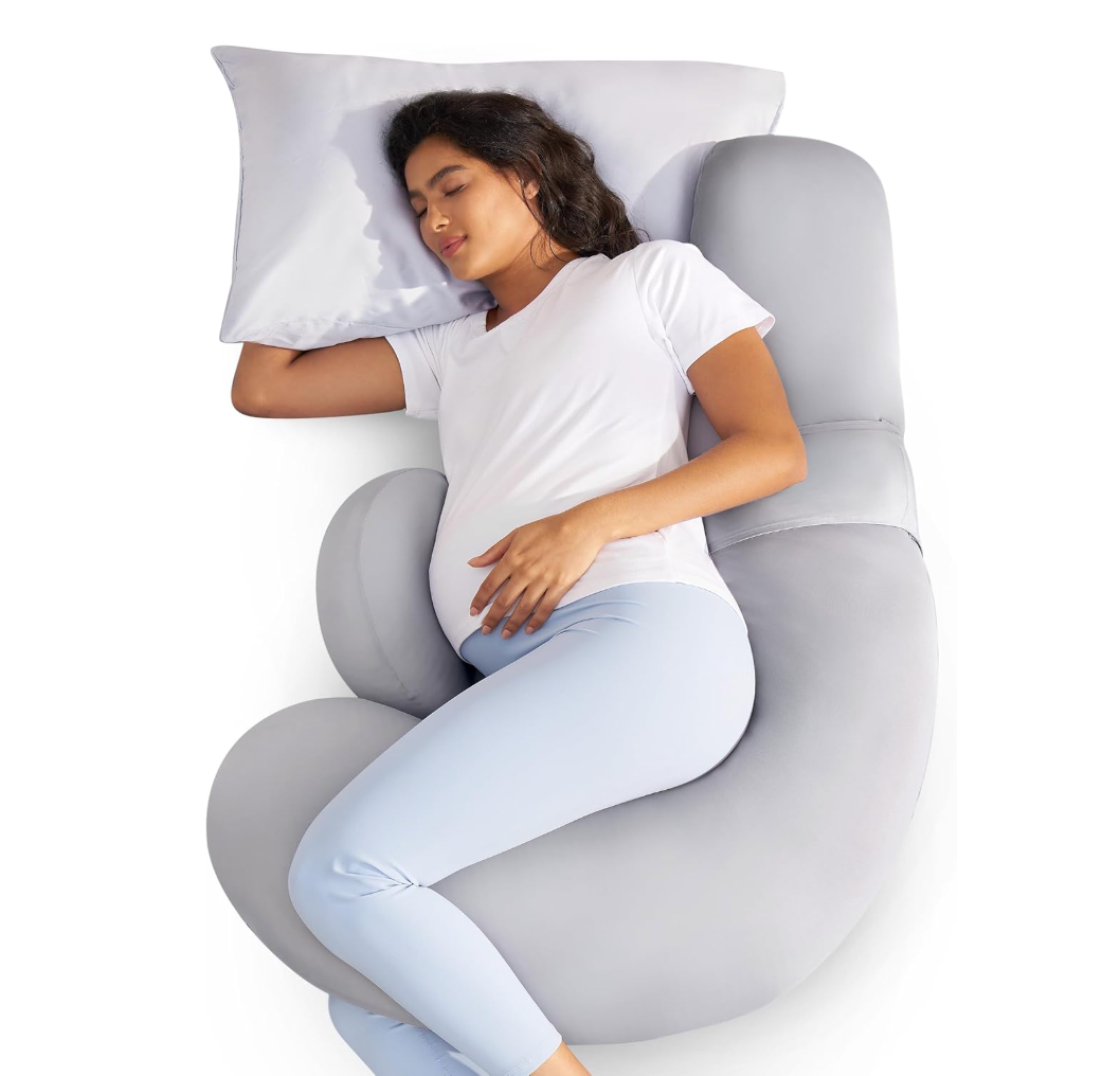 Momcozy Cooling Pregnancy Pillow,Original F Shaped Maternity Pillow for Pregnant Women with Adjustable Wedge Pillow, Full Body Support Pregnancy Pillows for Side Sleeping with Velvet Cover, Light Grey