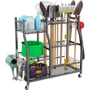 WALMANN Garden Tool Organizer with Wheels for Garage, Large Storage Capacity, Rakes/Shovels/Yard Tools Storage Stand for Shed, Garden, Indoor/Outdoor Long-Handled Tools Rolling Cart