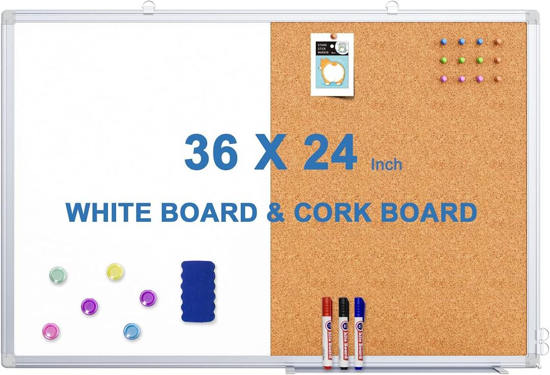 Dry Erase Board and Cork Board Combo, Magnetic White Board Combination Bulletin Board for Office Wall, 36 x 24 Inches Push Pin Whiteboard Vision Board for Home Office with 3 Marker 1 Erase 6 Magnet