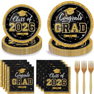 LINHAXM 50 Sets Graduation Plates and Napkins 2026 with Forks Black and Gold Congrats Grad Disposable Paper Plates and Napkins Party Supplies for Graduation Decorations Class of 2026