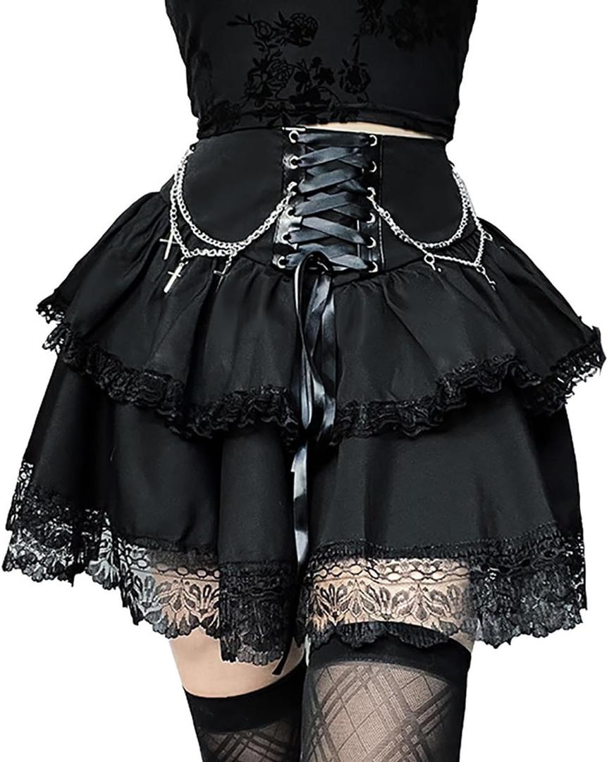 Skirts for Women Lace Up Double Layered Ruffles Skirts Gothic Punk Emo Skirt High Waist Skirt, Black, X-Large