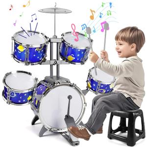 M SANMERSEN Upgraded Kids Jazz Drum Set Toddler Toy Drum Set with Stool, Plastic Rock Jazz Drum Kit Musical Toys Gift for Boys Girls 1-3 3-5 (Blue)