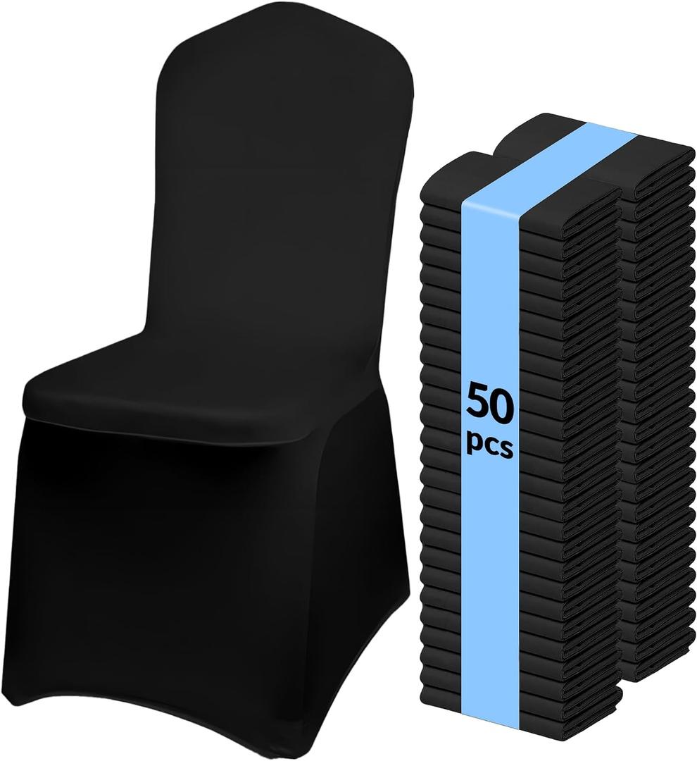 Black Chair Covers 50 PCS Spandex Banquet Chair Covers | Spandex Fabric, Stretch Fitted, Washable and Reusable, Bulk Value Pack for Wedding, Party, Banquet