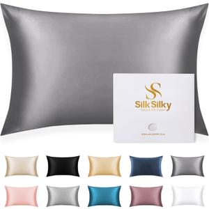 SilkSilky 100% Mulberry Silk Pillowcase - Pure 22 Momme High-Grade 6A Fibers for Hair & Skin, Envelope Closure, Natural, Organic, Breathable & Cooling Pillow Case (Queen, Dark Gray)
