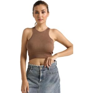 Women's Ribbed Crop Tank Top, Sleeveless Racerback, Square Neck, Black, Fitted (Khaki, S)