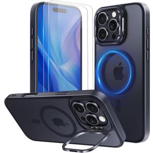 2 x Mitywah for iPhone 16 Pro Case with Stand, 2X [Tempered Glass Screen Protector] Military-Grade Drop Protection N52 Magnetic Phone Case, Matte Translucent Slim Case Skin-Friendly Touch, Black