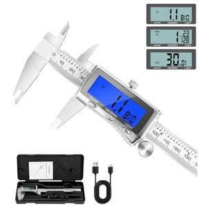 LuxBlue Digital Calipers Measuring Tool 6 Inch | Rechargeable Digital Vernier Caliper with Backlit LCD Screen, Auto-Off | Inch/MM/Fraction Easy Conversion, Stainless Steel Electronic Caliper for DIY