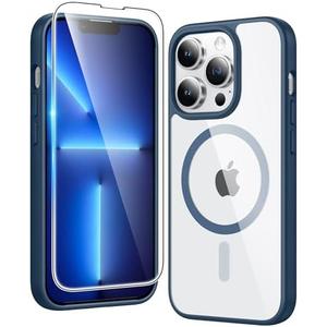 FNTCASE for iPhone 13 Pro Case: Clear Magnetic Phone Cases with Screen Protector Compatible with Magsafe Slim Anti Yellowing Rugged Shockproof Protective Transparent Cell Phone Cover (B-Blue)