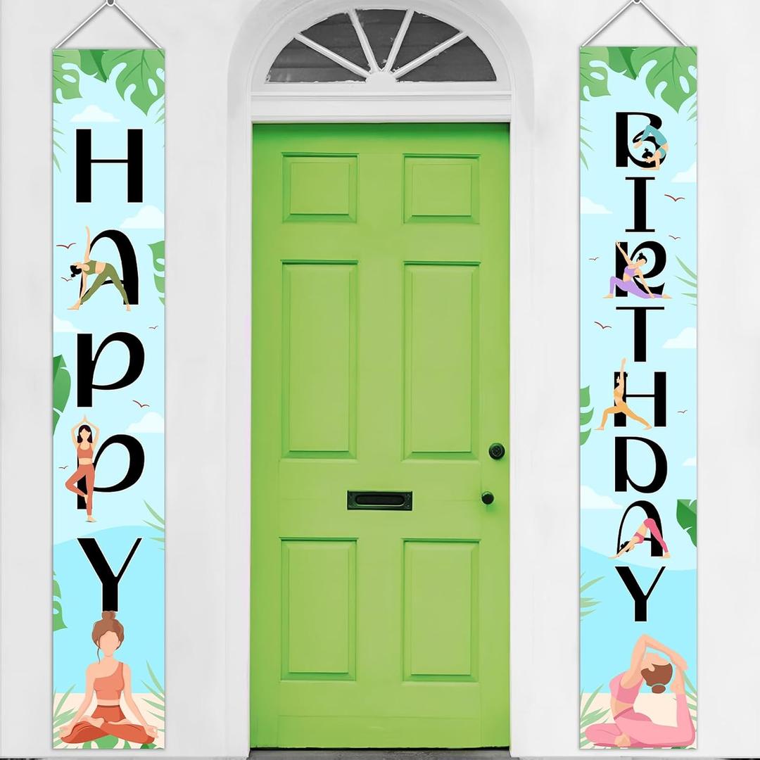 Yoga Birthday Door Banners  Yoga Fitness Party Hanging Decorations for Women Girls, Gym Sports Theme Happy Birthday Porch Signs for Yoga Birthday Party Supplies