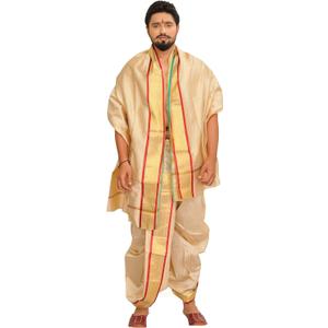 Ready to Wear Dhoti and Veshti Set with Woven Golden Border - Art Silk