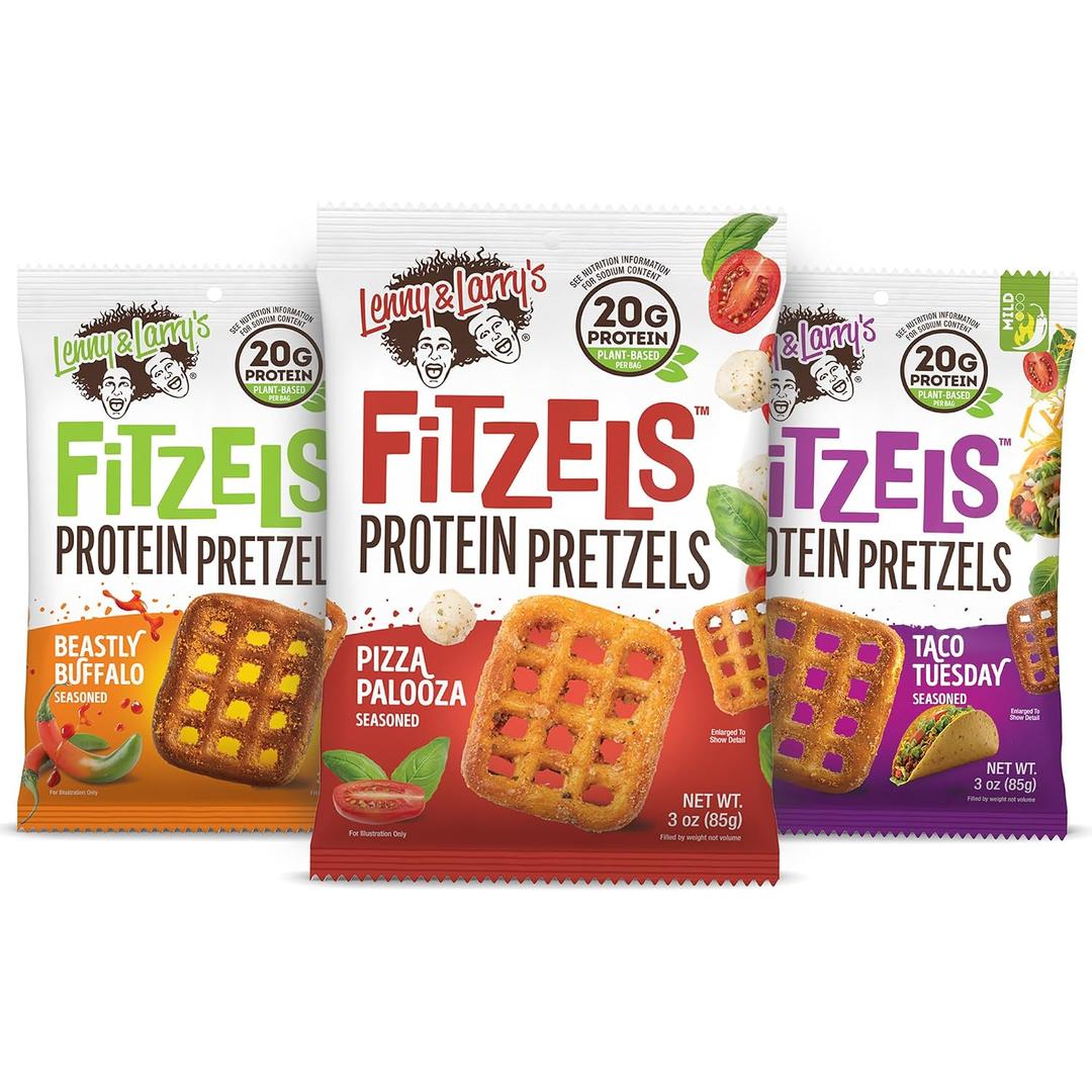 Lenny & Larry's FITZELS Protein Pretzels [GAME DAY Variety Pack] 12 x 3oz Bags of High Protein Snacks with 20g Plant Based Protein Incredibly Tasty with Salty Crunch (EXP 02/20/27)