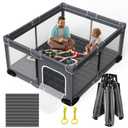 Foldable Baby Playpen with Mat, Large Foldable Playpen for Babies and Toddlers, Folding Portable Kids Play Pen, Collapsible Play Yard with 2 Handles + Suitable Size Mat(Grey, 59x71 inches)