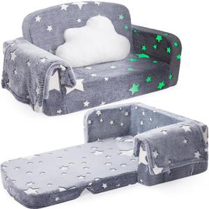 Foryoomi Extra Wide Kids Couch, 2-in-1 Soft Couch with Blanket, Glow in The Dark, Comfy Chair with Cloud Pillow, Convertible Sofa, Star