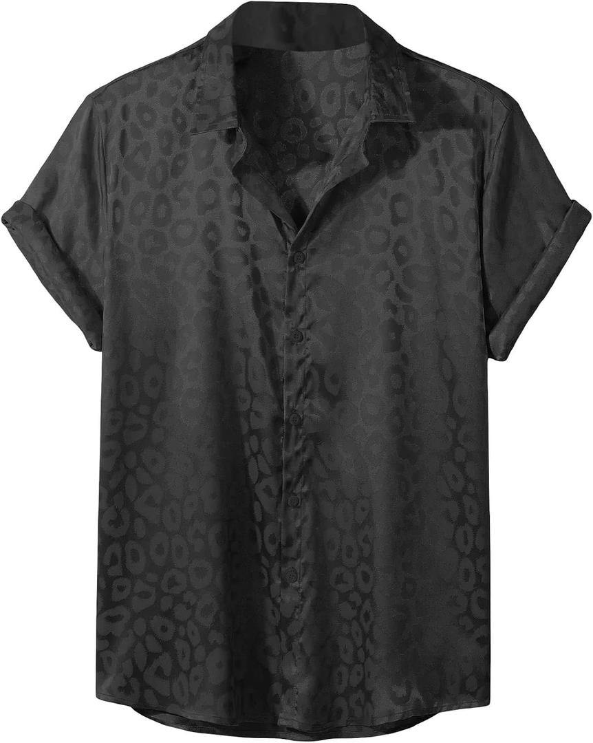 Men's Satin Leopard Print Short Sleeve Button Down Lapel Collar Silk Shirts Top