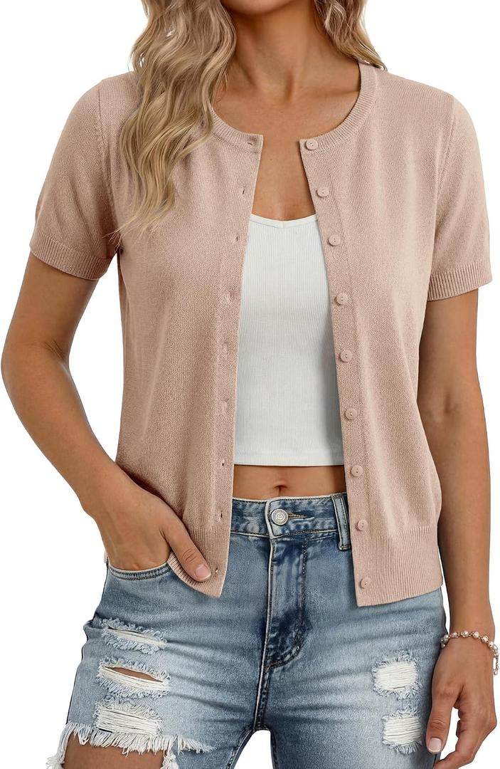 GRACE KARIN Women Short Sleeve Cardigan, 2026 Summer Knitted Sweater Tops, Basic Crew Neck Crop Outfits, M